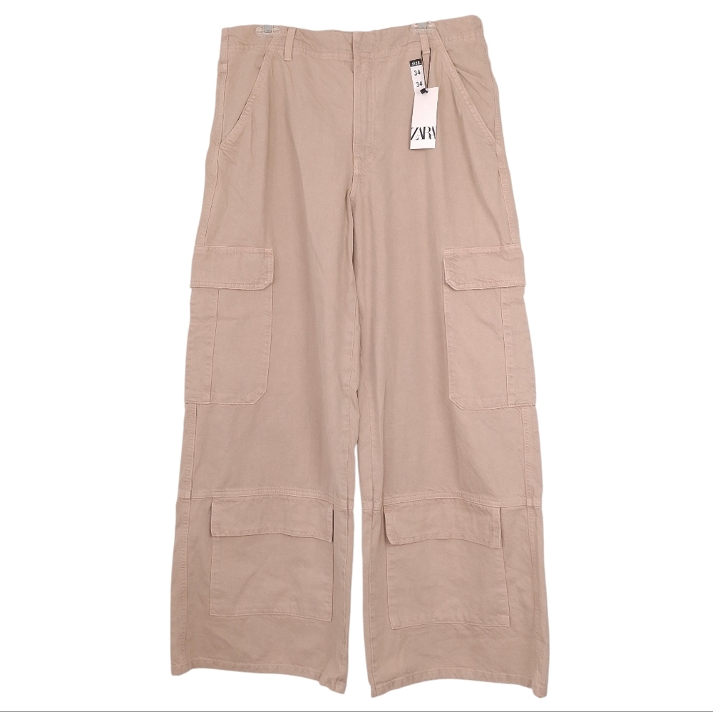 Zara baggy ultra wide leg cargo pants high rise streetwear Y2K neutral khaki